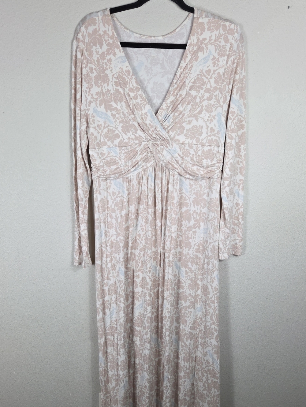 Soft Surroundings Floral Bird Print Twist Front Dress Large Long Sleeve Maxi